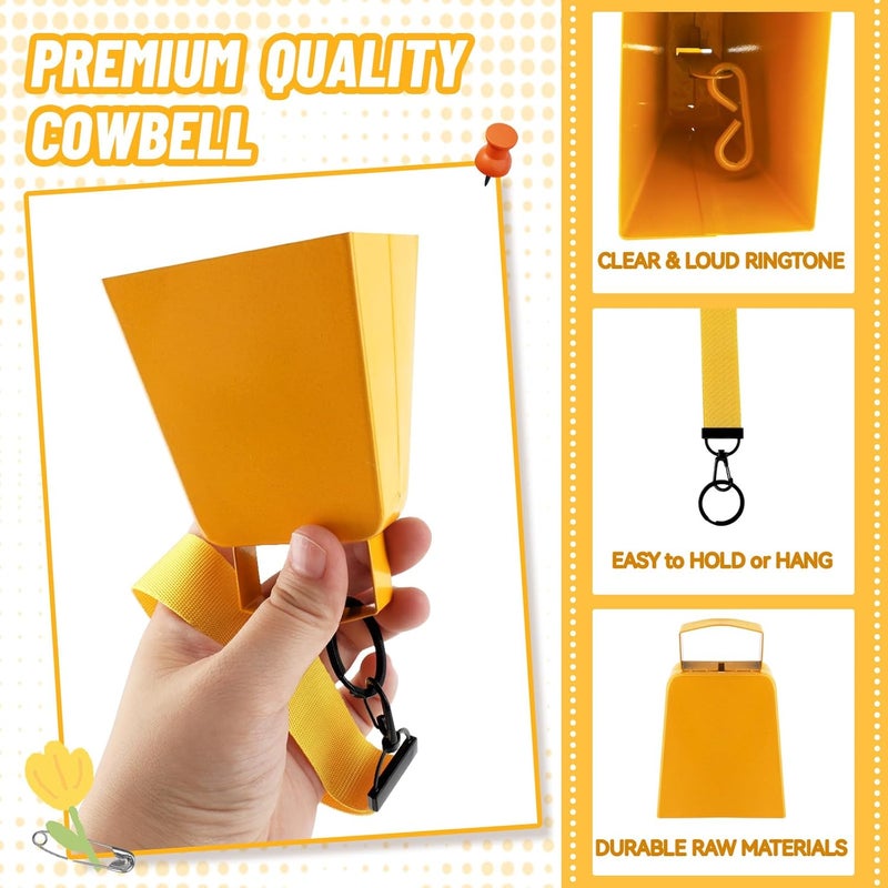 EcoBrisa 4Pack Cow Bells Metal Noisemaker Cheering Bell 4" Cowbell with Wrist Strap Ribbon for Sporting Events,Games, Party,Hand Percussion,Football Games and Celebrations (Solid Yellow) - Image 3